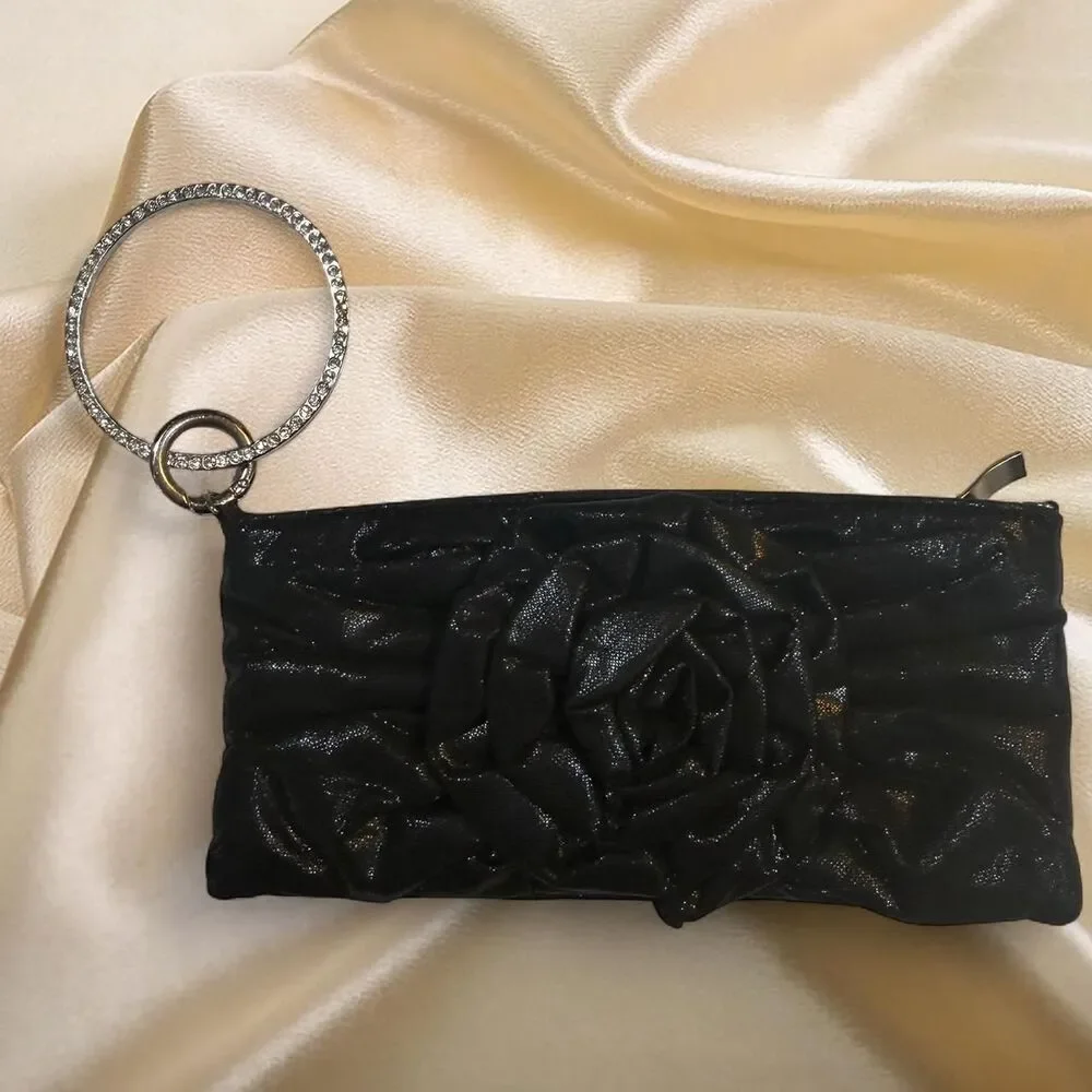 Y2K Metallic Black Purse  with silver rhinestone ring detail